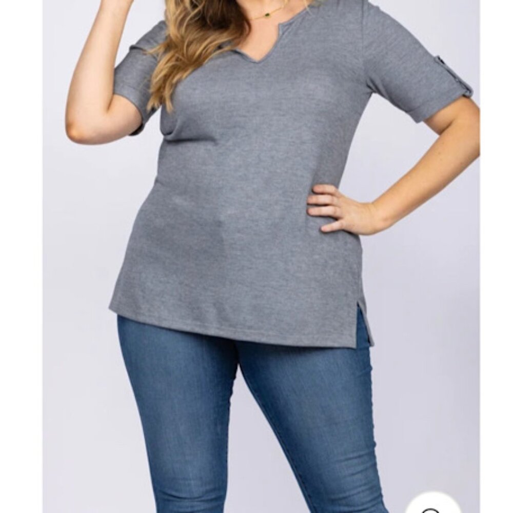 Women’s Grey Split V Neck plus Size Top Short Sleeve Shirts  Tunic Solid Blouses